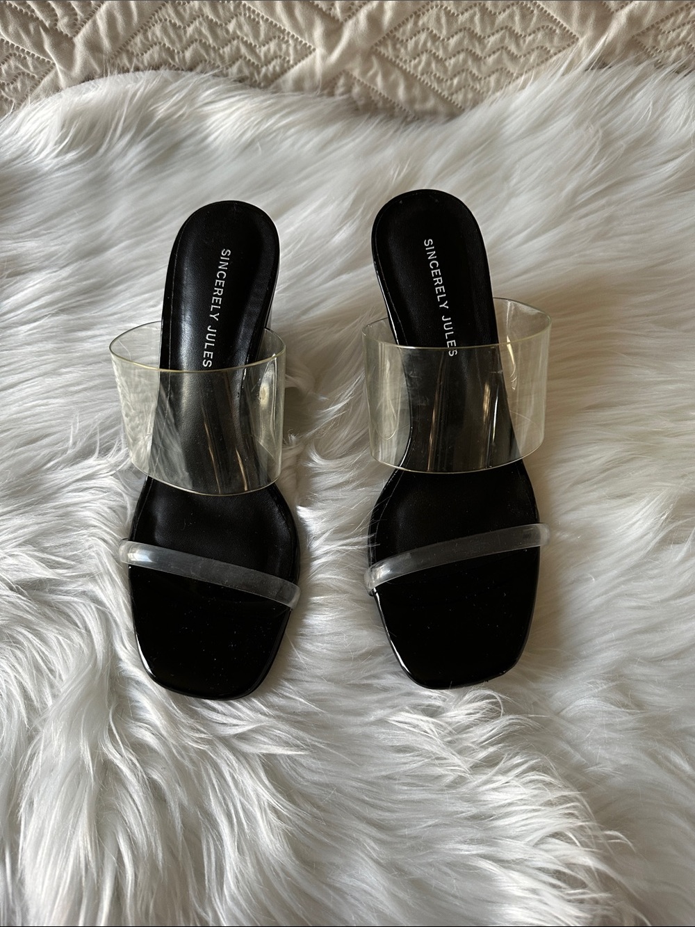 Sincerly Jules Black Slide Sandal with Clear PVC Straps and patent wedge heels